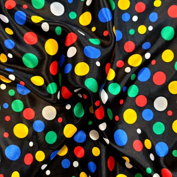 Multi Coloured Polkadot on Black Satin